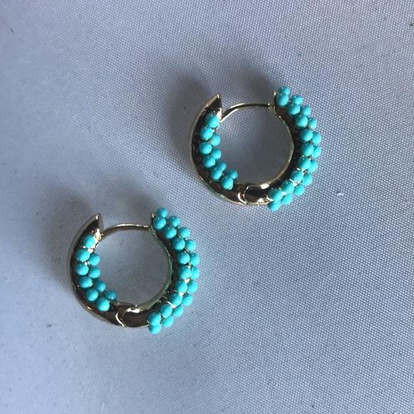 New! Gold Turquoise Bead Huggie Earrings - Picture 3 of 8